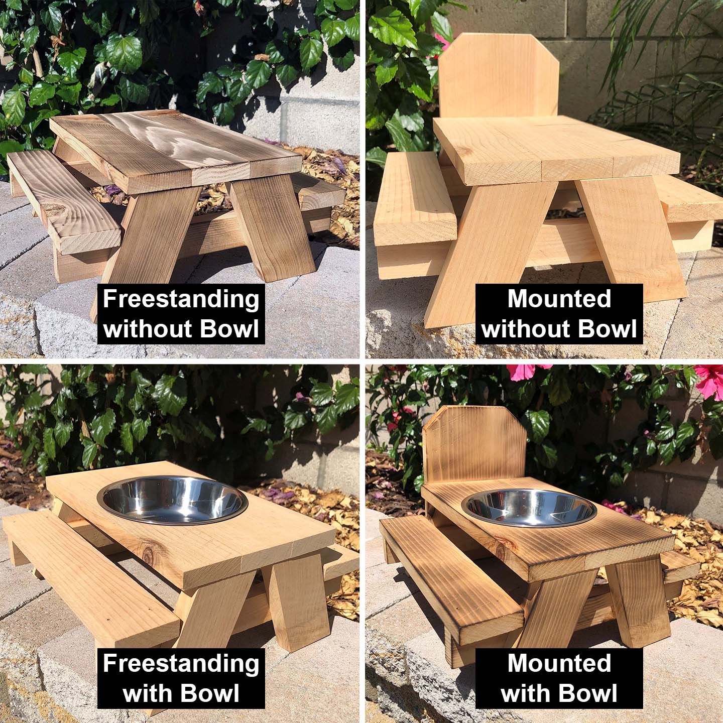 Cedar squirrel picnic bench table. Natural wood or torched and burned for distressed look. Optional freestanding, mounted or stainless steel feed bowl.