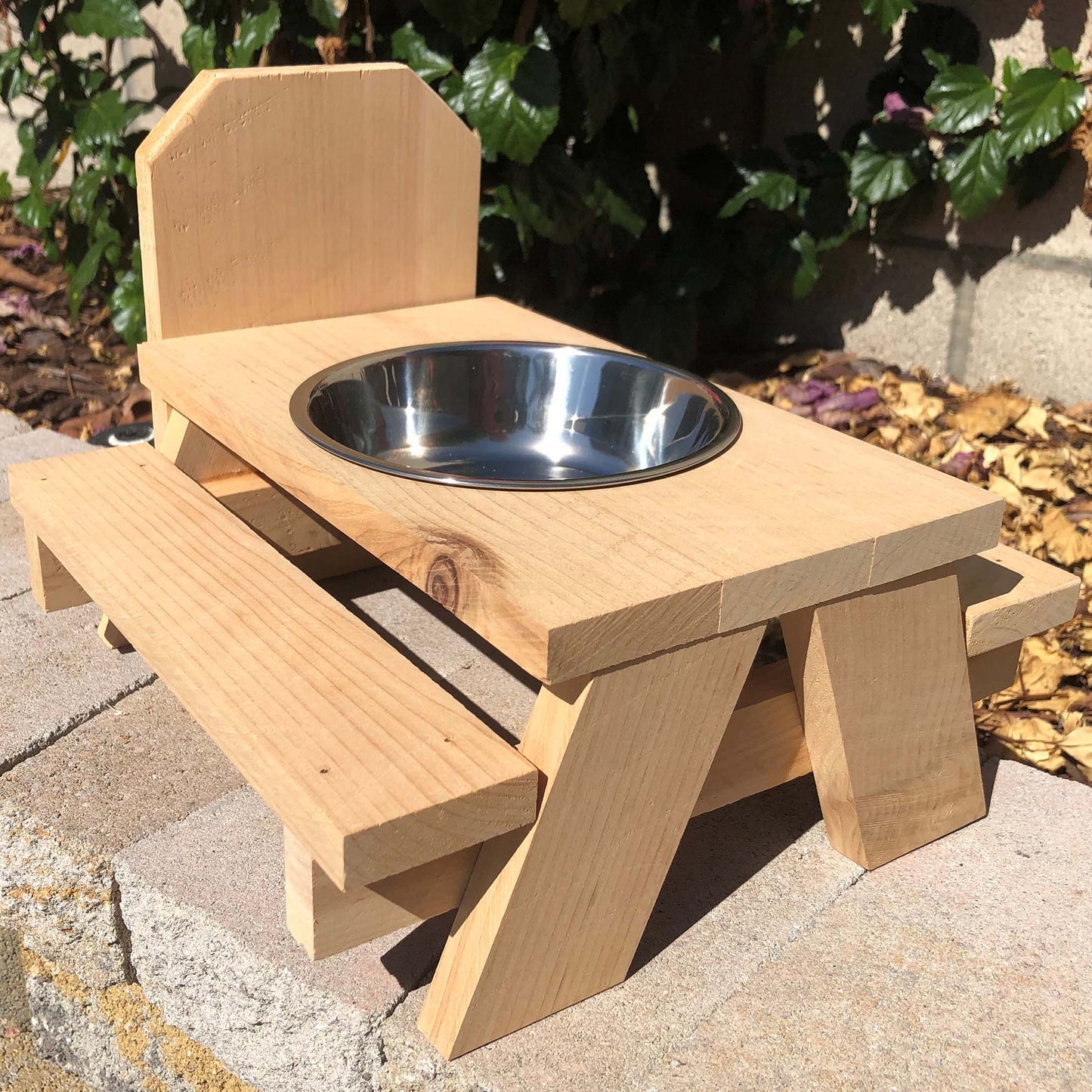 Cedar squirrel picnic bench table. Natural wood or torched and burned for distressed look. Optional freestanding, mounted or stainless steel feed bowl.