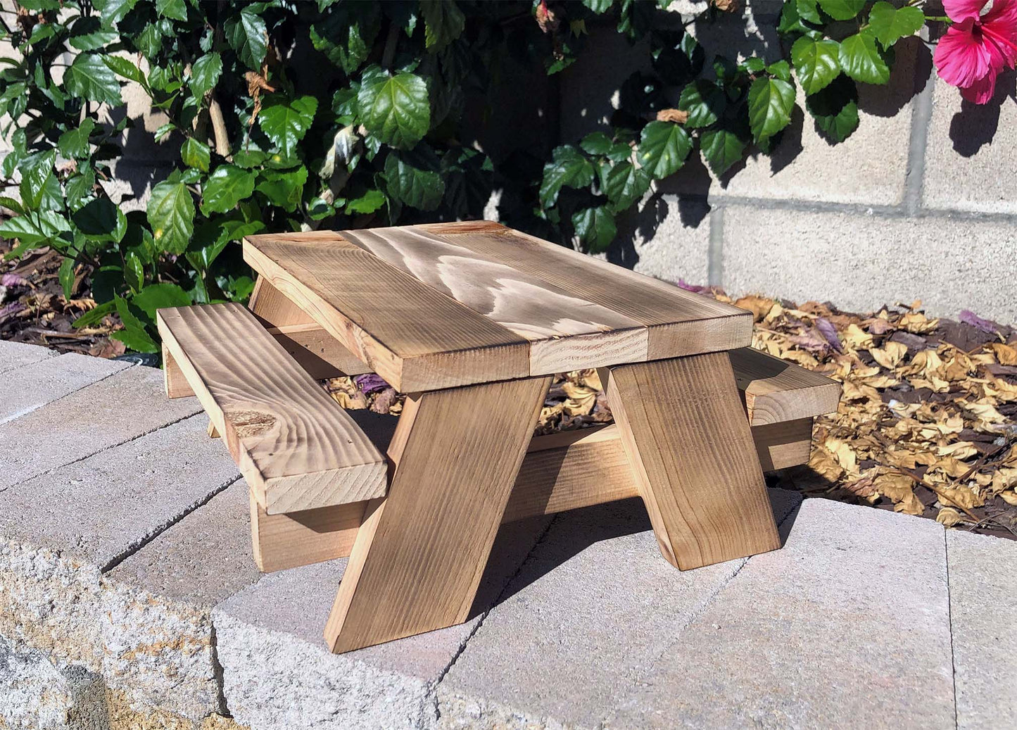 Cedar squirrel picnic bench table. Natural wood or torched and burned for distressed look. Optional freestanding, mounted or stainless steel feed bowl.