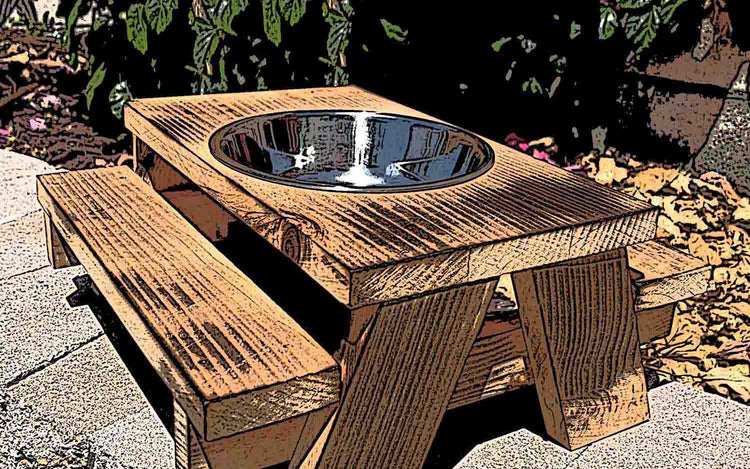 Animal Feeders Collection Image - Cedar squirrel picnic bench table. Natural wood or torched and burned for distressed look. Optional freestanding, mounted or stainless steel feed bowl.