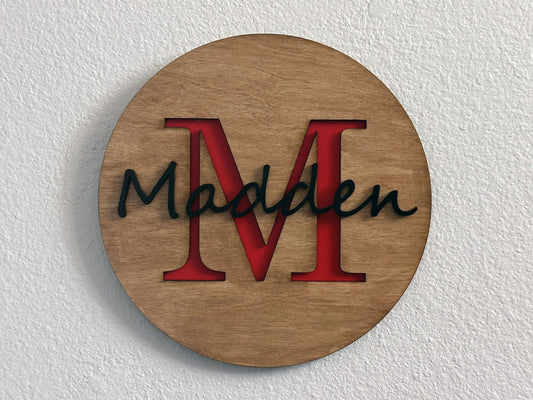 Custom monogram sign with name overlay. Variety of colors and wood stain options to choose from. Makes a great gift for friends, loved ones, teacher appreciation. Approximately 12" in diameter. Handmade by Space Rubber Ducky Designs.