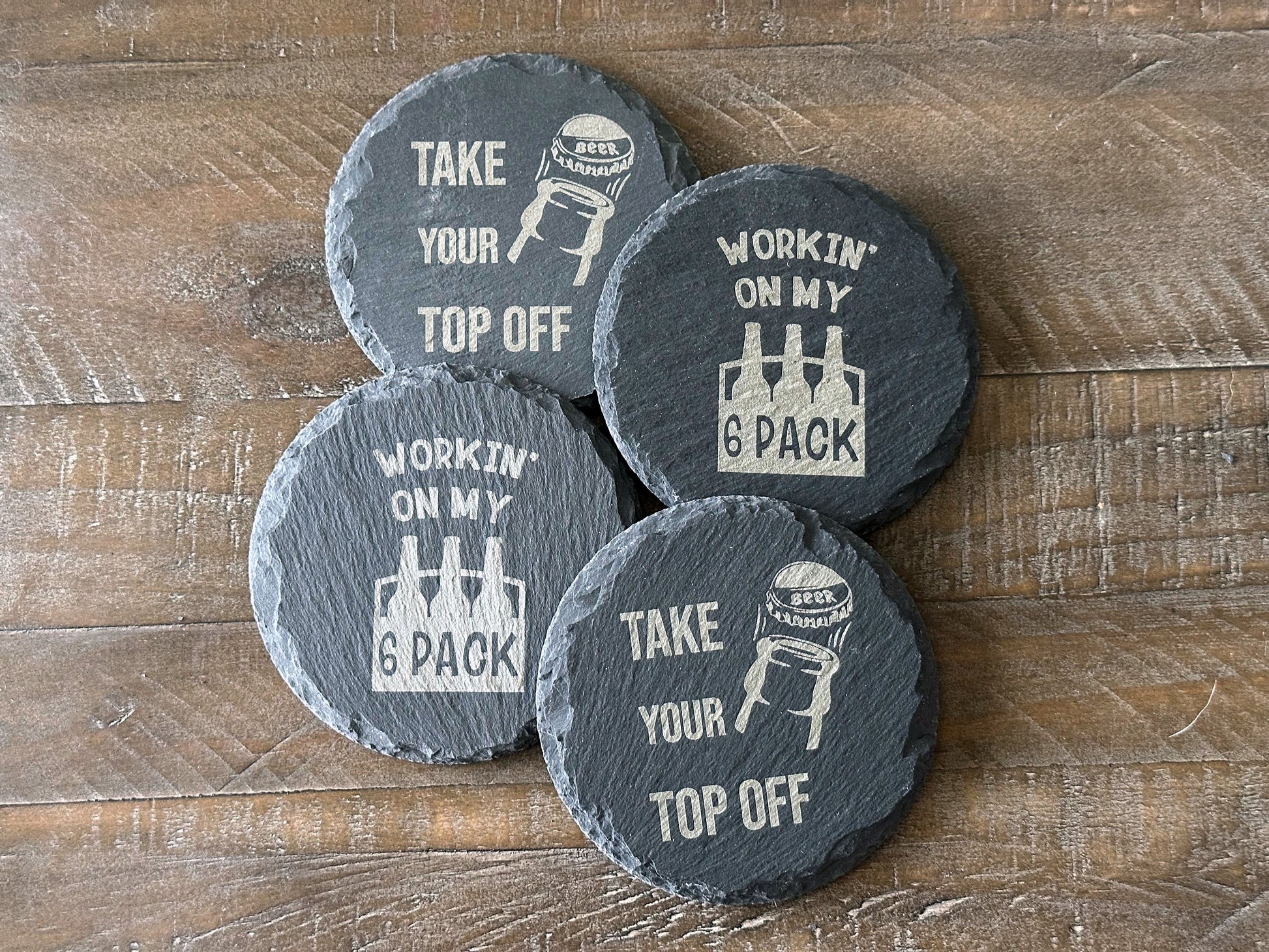 Enjoy a beverage while protecting your tabletops with these quirky beer themed slate coasters. Each set of 4 coasters features a different combination of beer themed sayings and images. The perfect stocking stuffer, groomsman or house warming gift. These slate coasters will be right at home in any man cave or she shed.