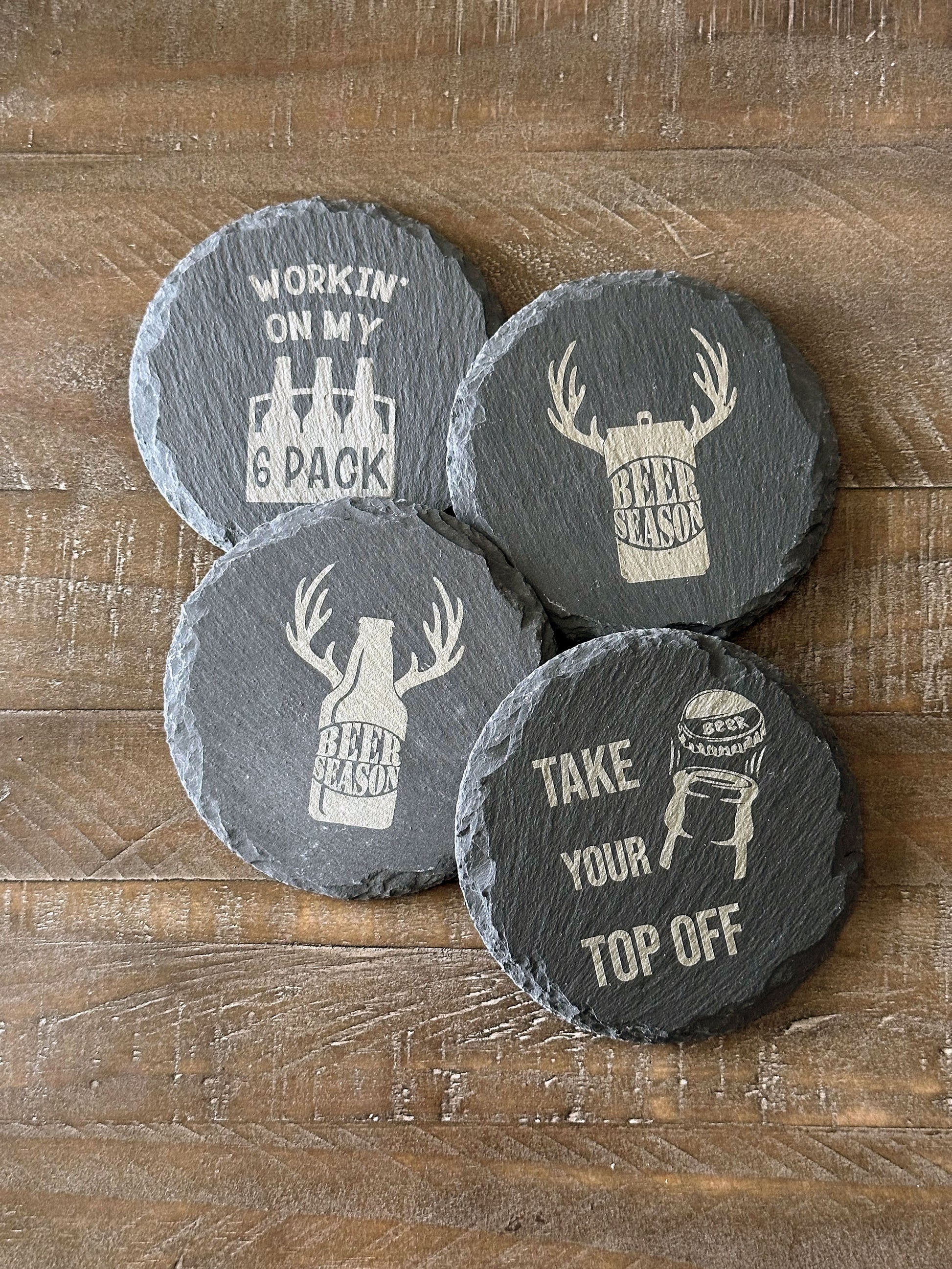 Enjoy a beverage while protecting your tabletops with these quirky beer themed slate coasters. Each set of 4 coasters features a different combination of beer themed sayings and images. The perfect stocking stuffer, groomsman or house warming gift. These slate coasters will be right at home in any man cave or she shed.