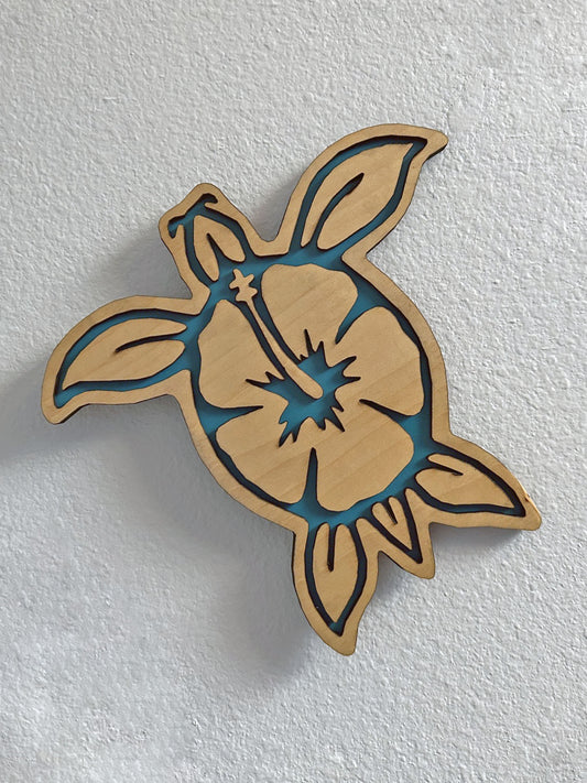 Brighten up your living space with some colorful turtle decor! Each piece of wall art features a sea turtle with hibiscus flower and an inlay color. Variety of colors and wood stains. A thoughtful gift for friends, loved ones, teacher appreciation! Handmade by Space Rubber Ducky Designs in Southern California, USA.