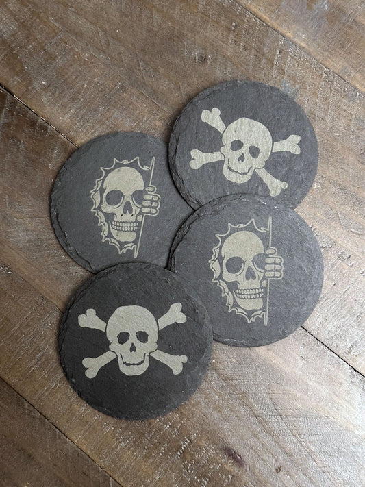 Enjoy a beverage while protecting your tabletops with these creepy, chilling, skeleton themed slate coasters. You might say they're "spooky, scary, skeletons".... The perfect stocking stuffer, groomsman or house warming gift. These slate coasters will be right at home in any man cave or she shed.
