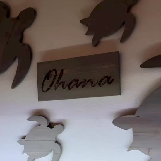 Custom handmade wood turtle wall art.  Set of 4 turtles includes a board with Ohana laser engraved.  Each piece includes mounting brackets and wall anchors.