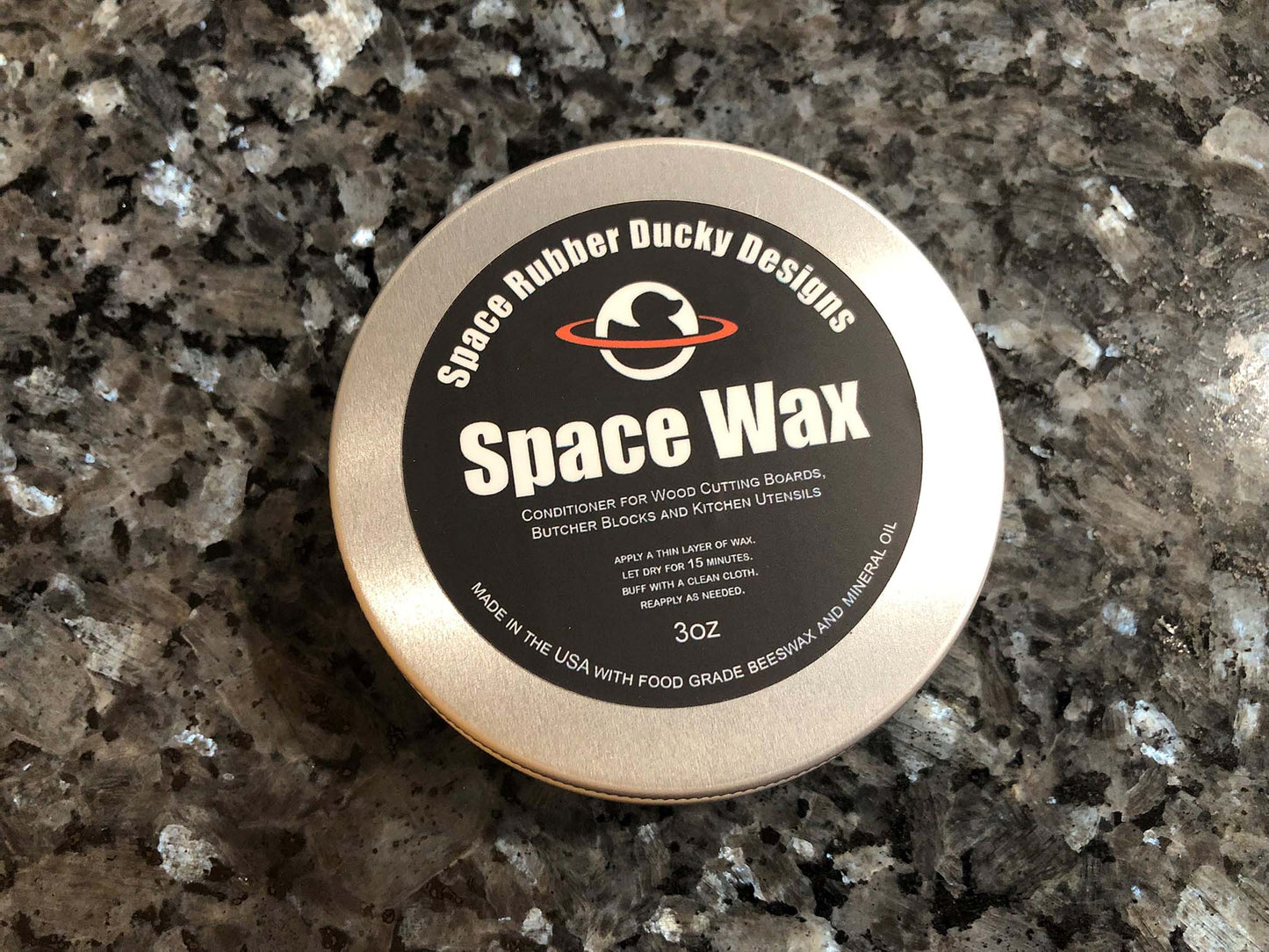 Space Wax wood conditioner, by Space Rubber Ducky Designs. Mineral oil and organic beeswax conditioner for cutting boards, butcher blocks, kitchen utensils and more!