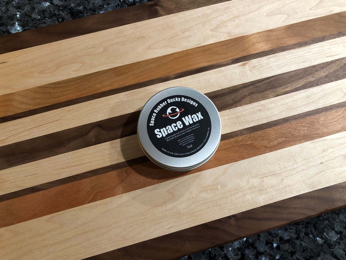 Space Wax wood conditioner, by Space Rubber Ducky Designs. Mineral oil and organic beeswax conditioner for cutting boards, butcher blocks, kitchen utensils and more!