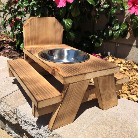 Cedar squirrel picnic bench table. Natural wood or torched and burned for distressed look. Optional freestanding, mounted or stainless steel feed bowl.